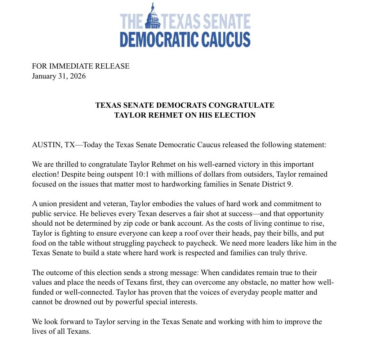 @taylorfortexas just flipped a solidly Republican Texas Senate seat.

He did it by staying focused on real issues, like the rising costs of living, that matter to Texans.

Congratulations, Taylor! Welcome to the Texas Senate.