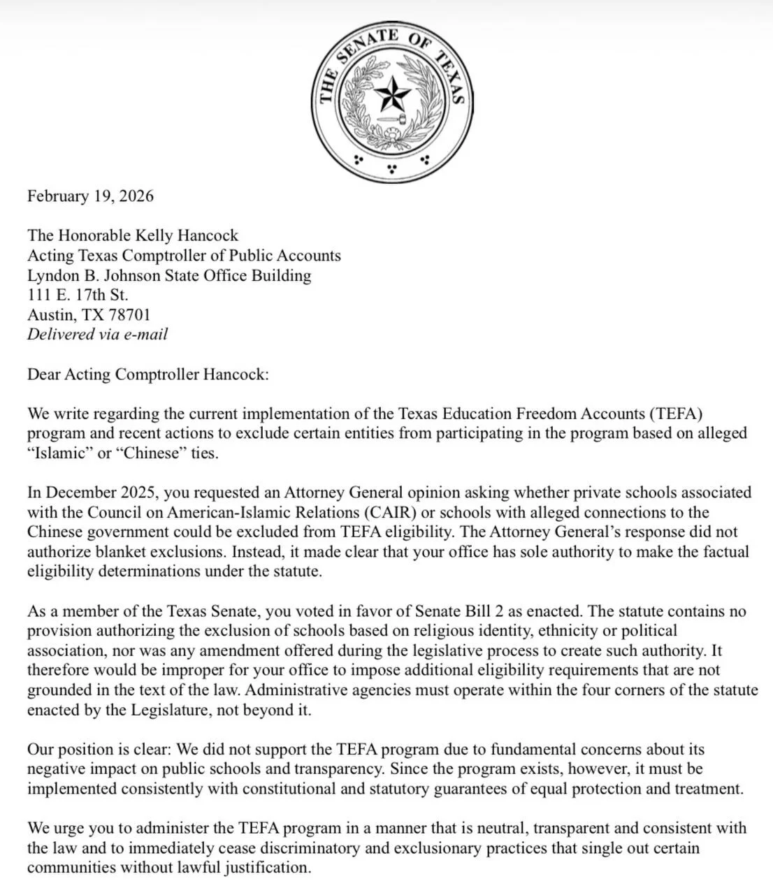 We didn&rsquo;t support the voucher program. But since it&rsquo;s here, the state has to follow the law. 

We can&rsquo;t twist the rules to exclude any ethnic or religious group. This is yours&mdash;own it. Read our letter to the Comptroller below. 