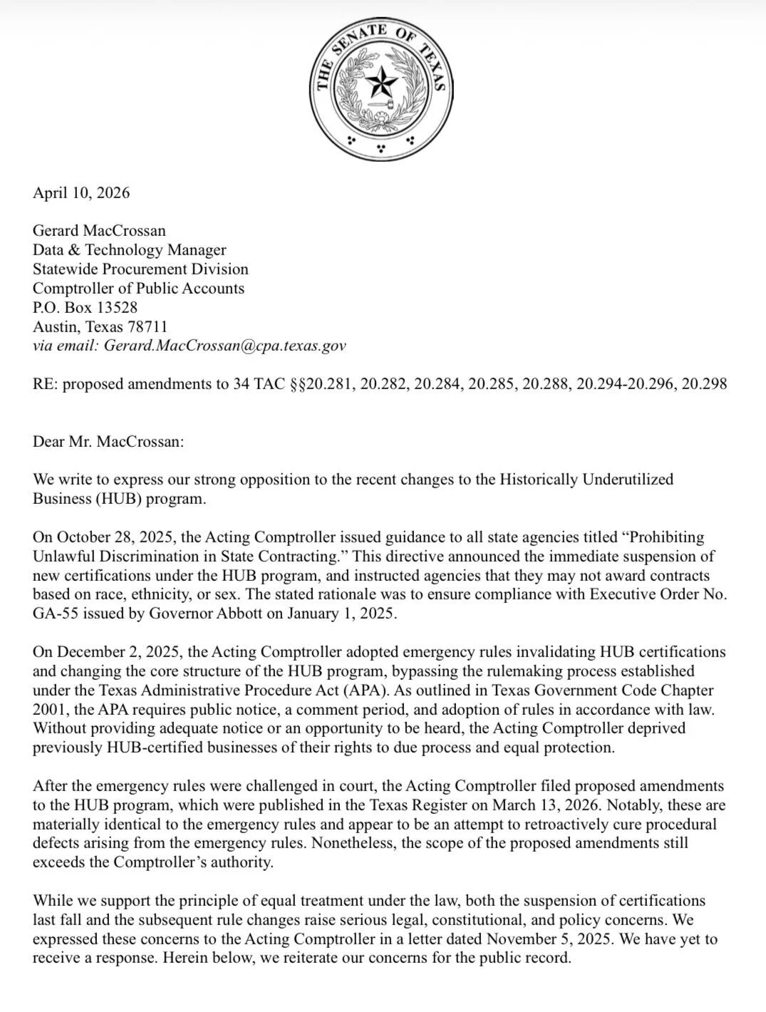 The Comptroller broke the law last year when he ended the HUB program.

Now, he&rsquo;s trying to go back and fix his mistake. It won&rsquo;t work. The Comptroller must reinstate the program. #txlege