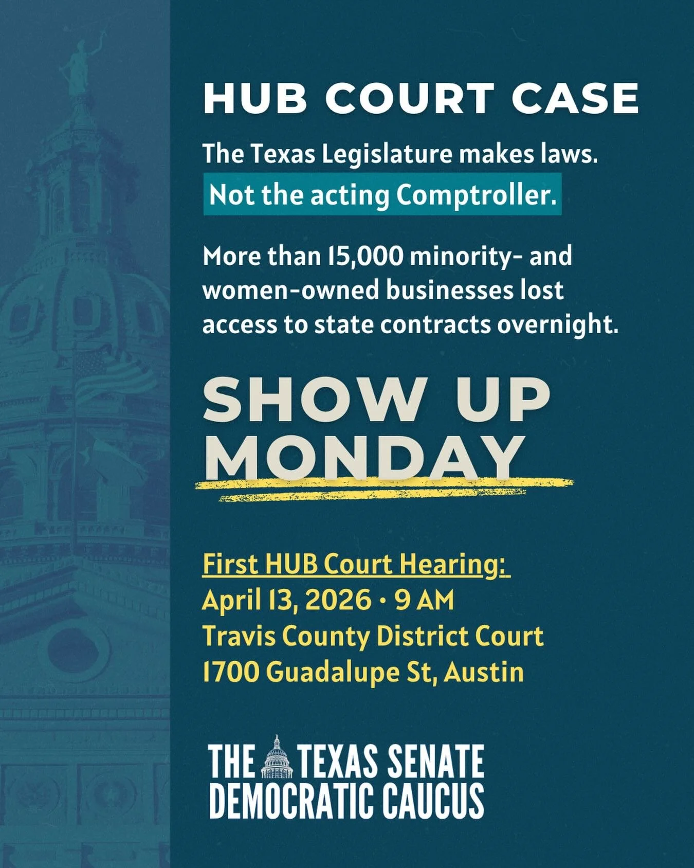 Thousands of minority- and women-owned businesses lost access to state contracting opportunities after an emergency rule from the Comptroller &amp; now the courts are stepping in.

The first hearing is Monday in Travis County. Show up if you&rsquo;re