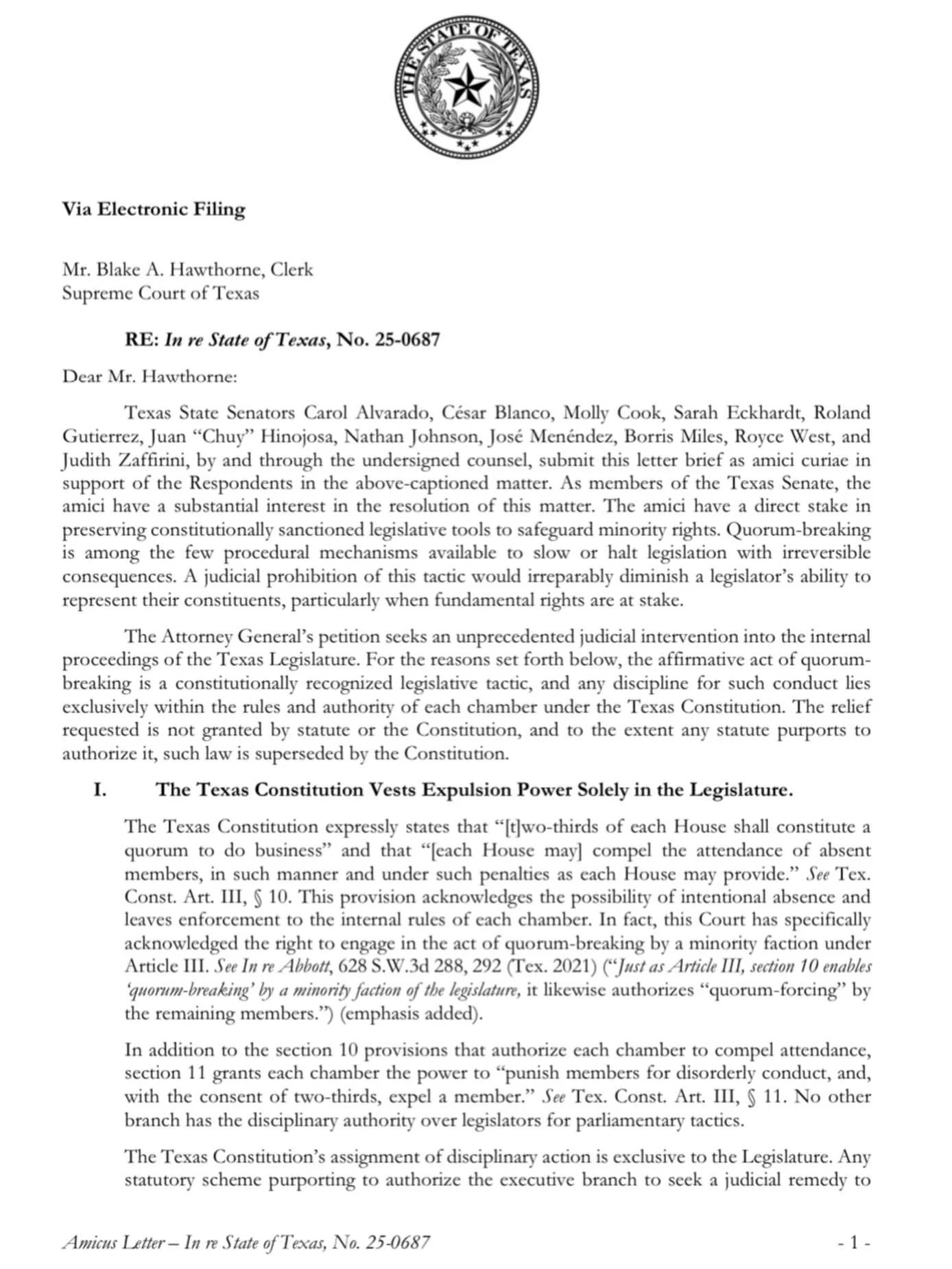 The SCOTX got today&rsquo;s decision right.
Like we argued in our August amicus brief, the Texas Constitution gives only the Legislature power to discipline its members-not the Governor, not the courts. #txlege