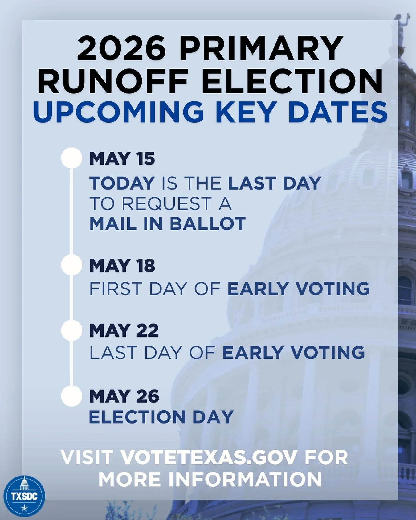 🚨 Today is the LAST DAY to request a mail in ballot 🚨 Visit VoteTexas.gov to request and for more information!