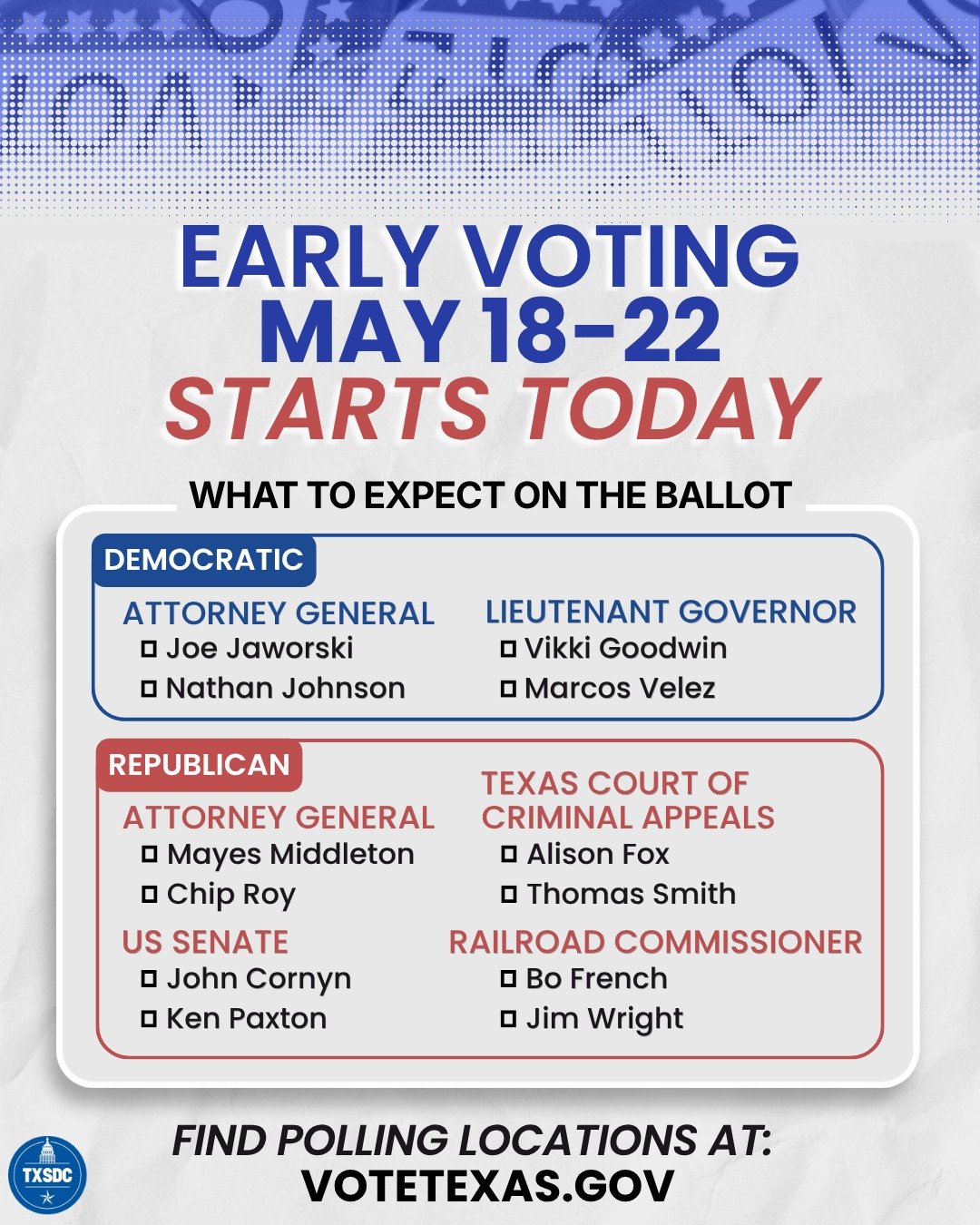 🚨 EARLY VOTING STARTS TODAY 🚨 Visit VoteTexas.gov for polling locations and more information!