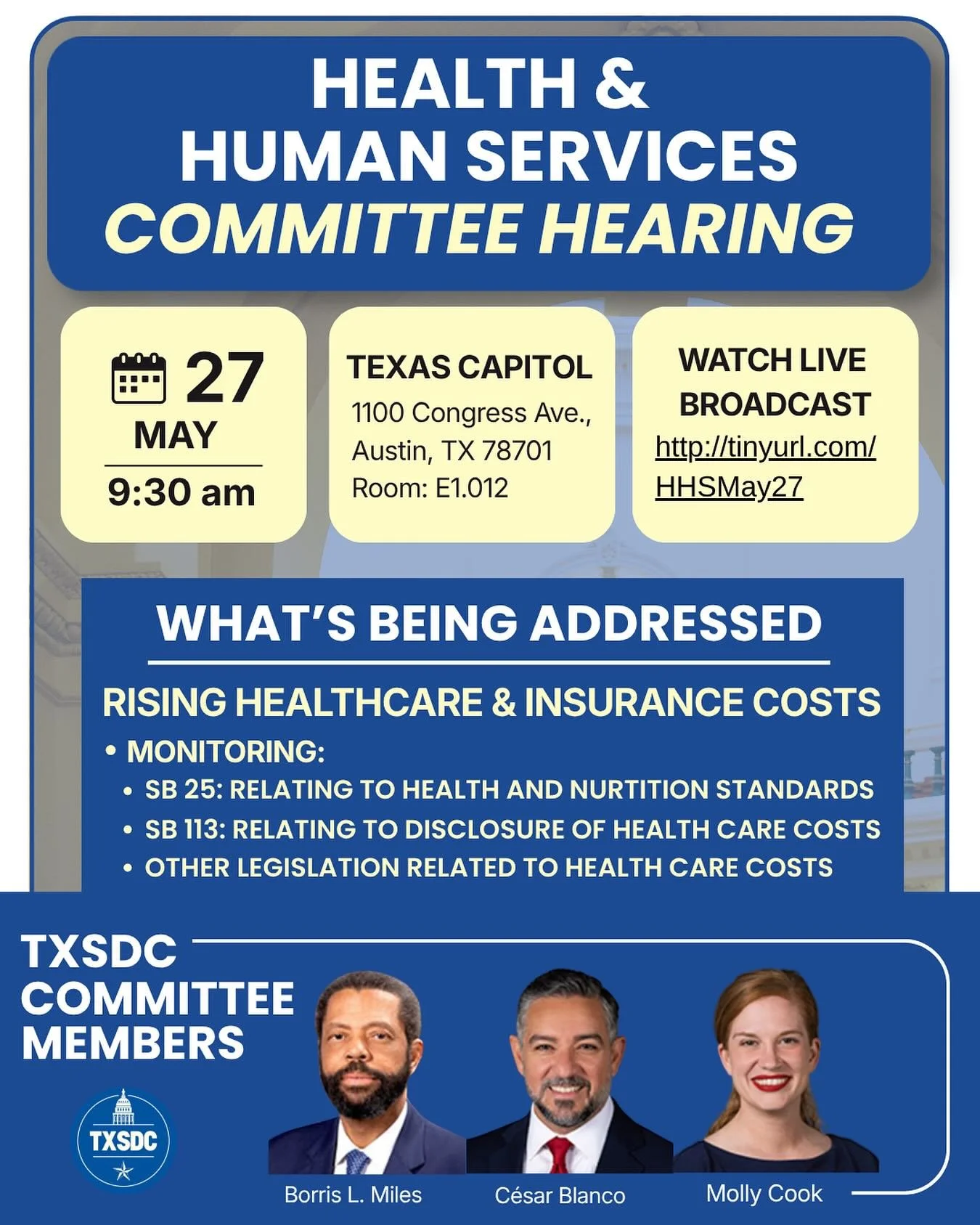 The Senate Health &amp; Human Services Committee will hold a hearing focused on rising healthcare and insurance costs. Tune in to the live broadcast tomorrow at 9:30 am: http://tinyurl.com/HHSMay27

#txlege