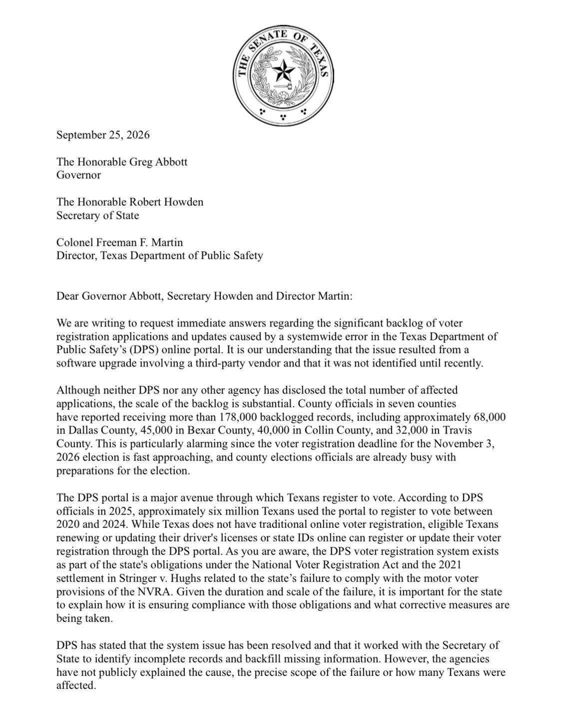 Texas failed to process an estimated half a million voter registration records over the past year.

No eligible Texan should lose the opportunity to vote because of the state&rsquo;s failure. No county should have to use resources fixing a problem th