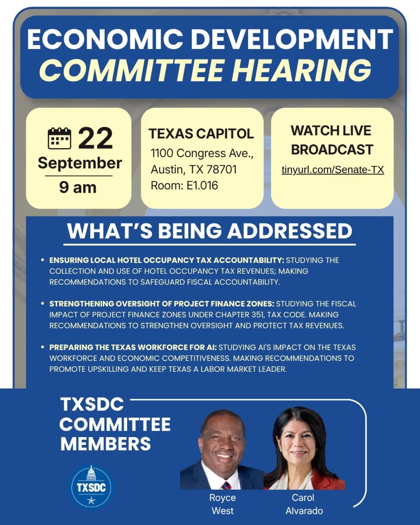 The Senate Committee on Economic Development is meeting today (Sept. 22) to discuss several interim charges including hotel occupancy taxes, project finance zones &amp; preparing the Texas workforce for AI. 

Testimony is limited to invited witnesses