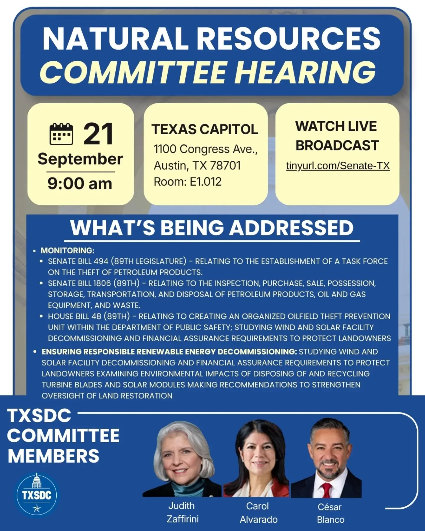 The Senate Committee on Natural Resources is meeting today (Sept. 21) to discuss several issues including the regulation and theft of petroleum products as well as renewable energy decommissioning. 

Public testimony is limited to 3 minutes per witne