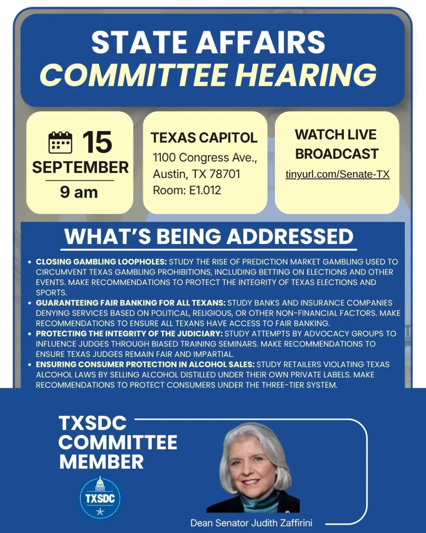 The Senate Committee on State Affairs is meeting today (Sept. 15) to discuss several issues including prediction market gambling, banking access, judicial training programs, and alcohol sales. 

Public testimony is limited to 2 minutes per witness. I