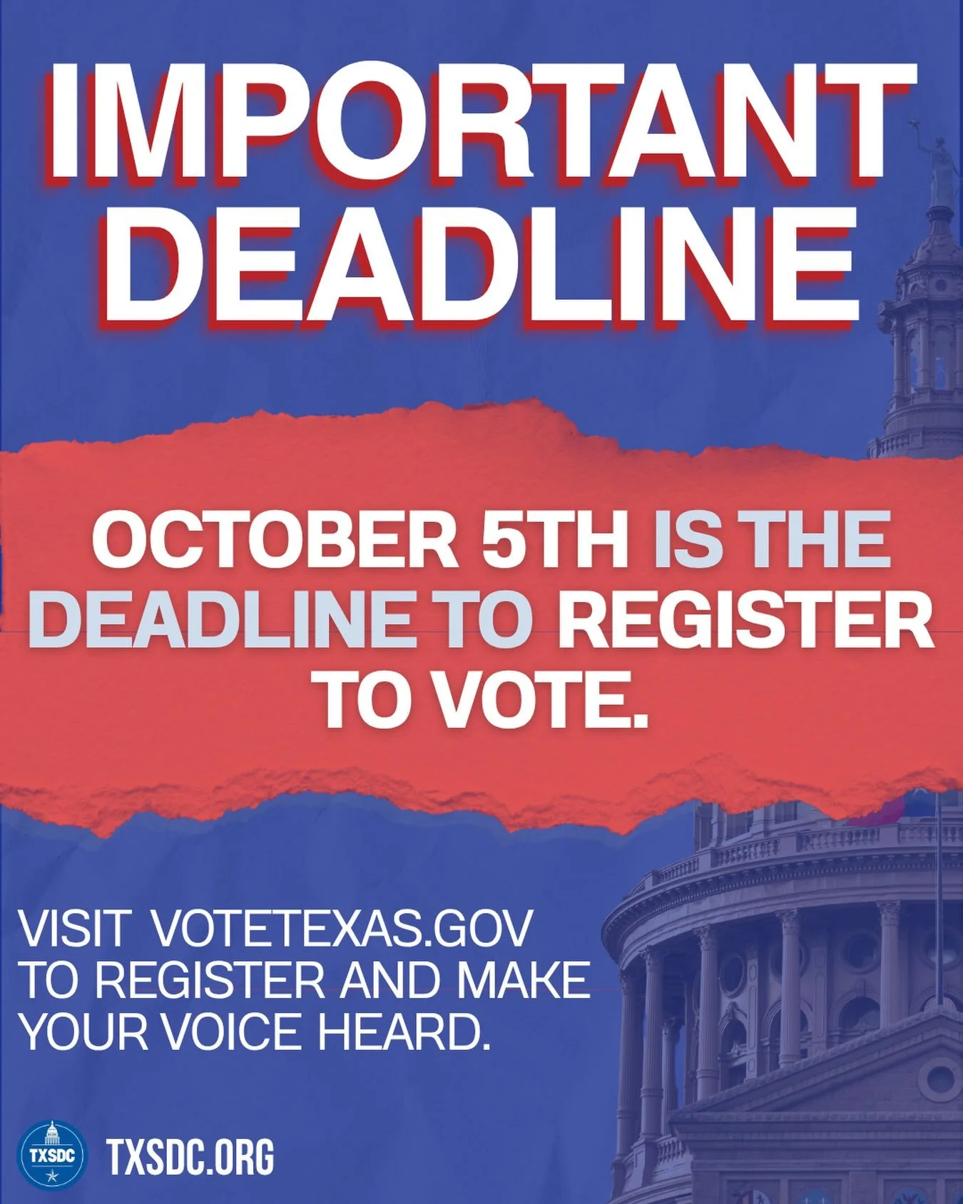 🚨Today is the LAST DAY to register to vote for the Nov. 3rd election!

If you are not registered, or if you are unsure of your status, take a few minutes today to check at VoteTexas.gov #txlege