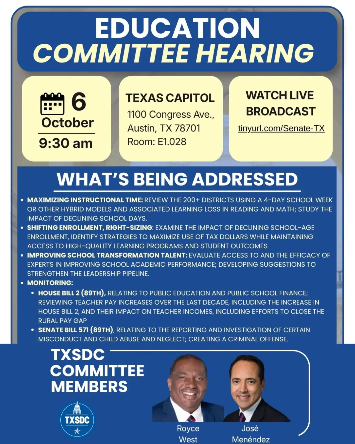 The Senate Committee on Education is meeting today and tomorrow (Oct. 6-7) to discuss all the interim charges, including maximizing instructional time, the voucher program, HB 2 and other bills (see graphics for more info). 

Public testimony is limi