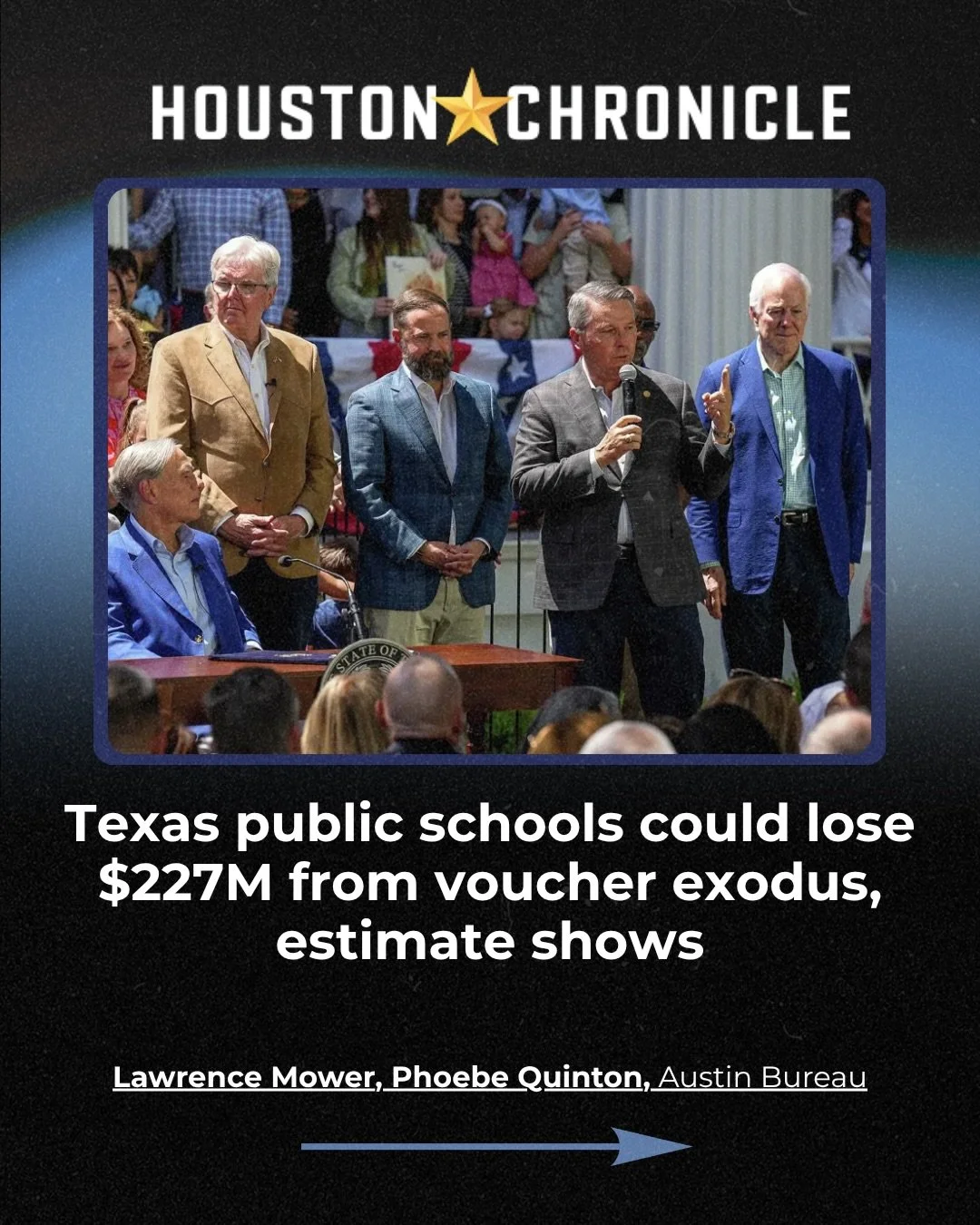 Texas students leaving public schools because of the voucher program  are estimated to cost school districts $227 million. That means less funding for teachers, books &amp; special education services.

Instead of helping public schools with these def