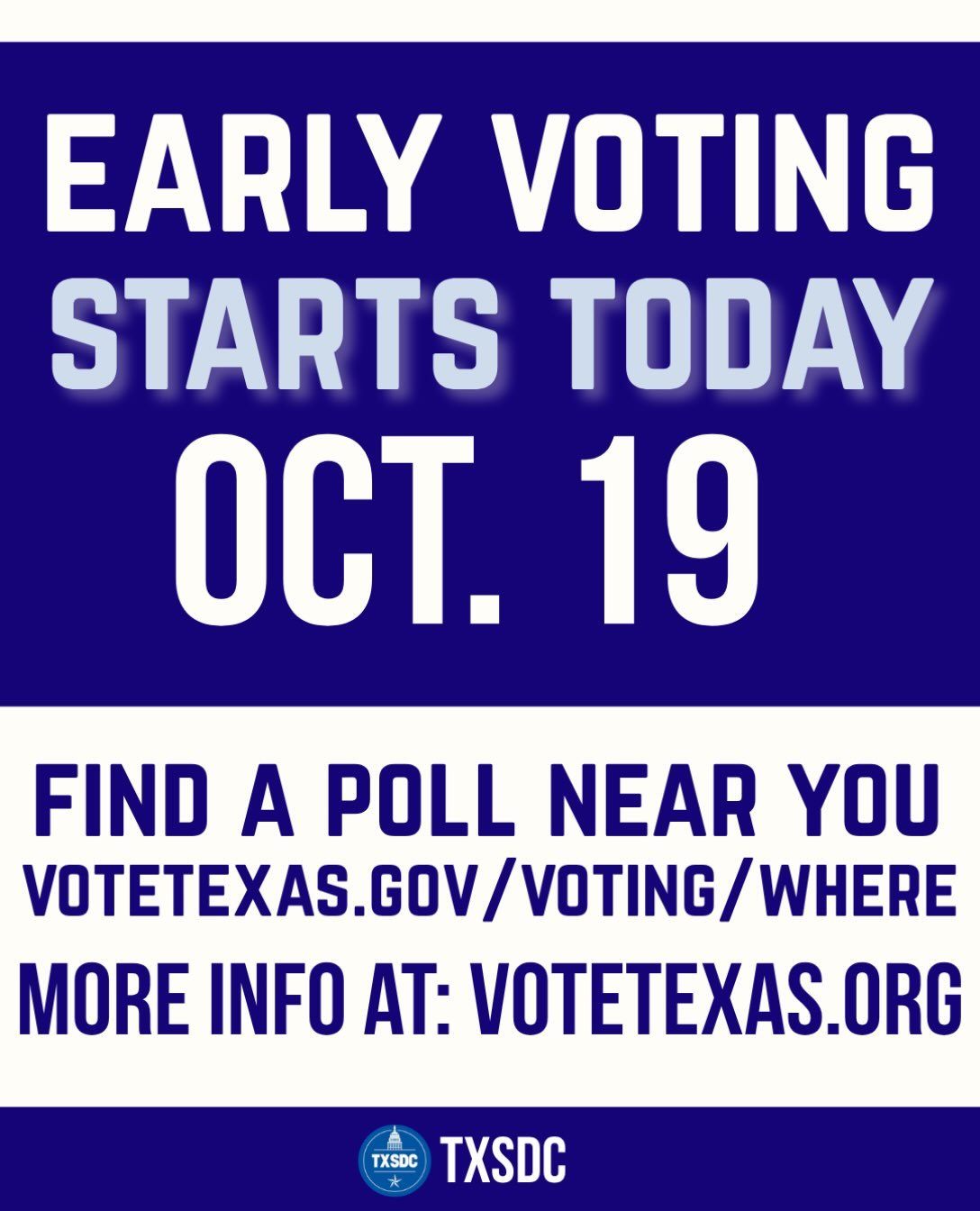 🗳️ TODAY is the first day of EARLY VOTING. Visit VoteTexas.gov/voting/where to find polls near you! #txlege