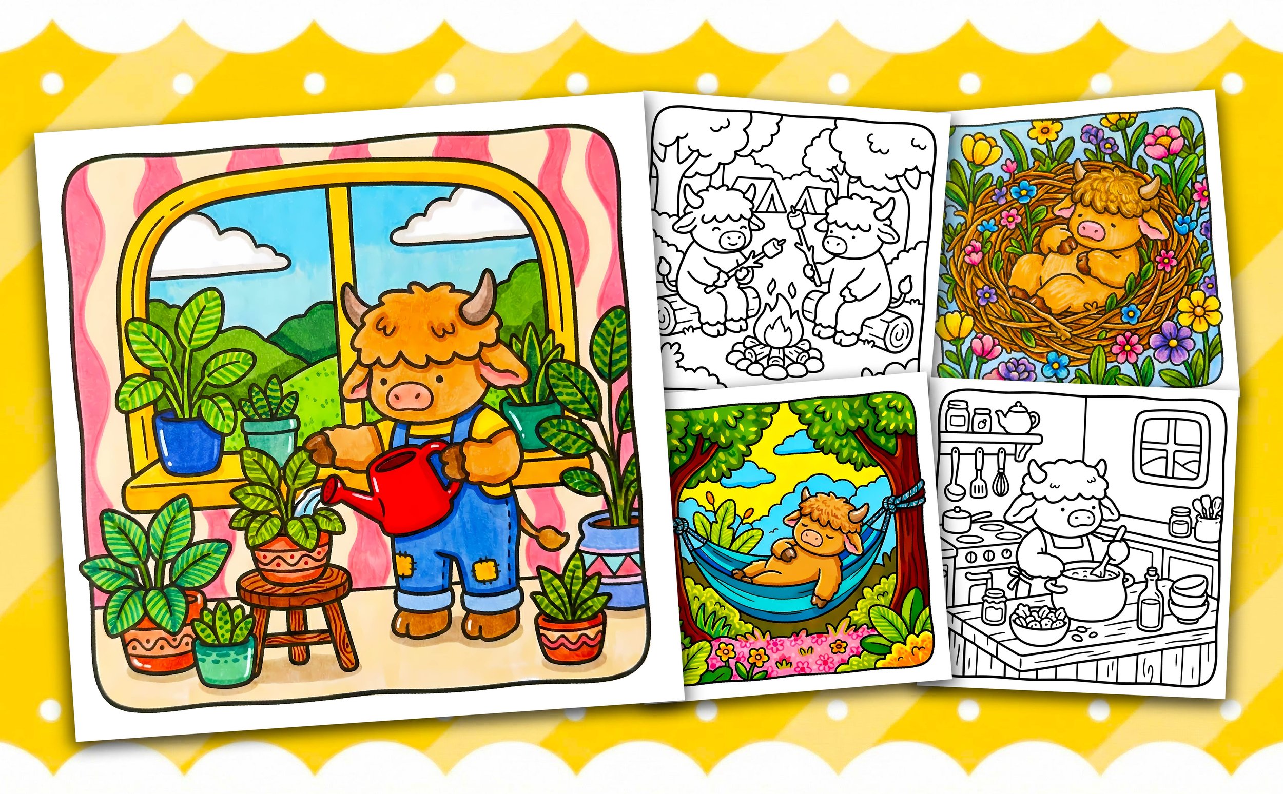 Highland Cows Self-Care Coloring Book 50 Pages | Digital Download