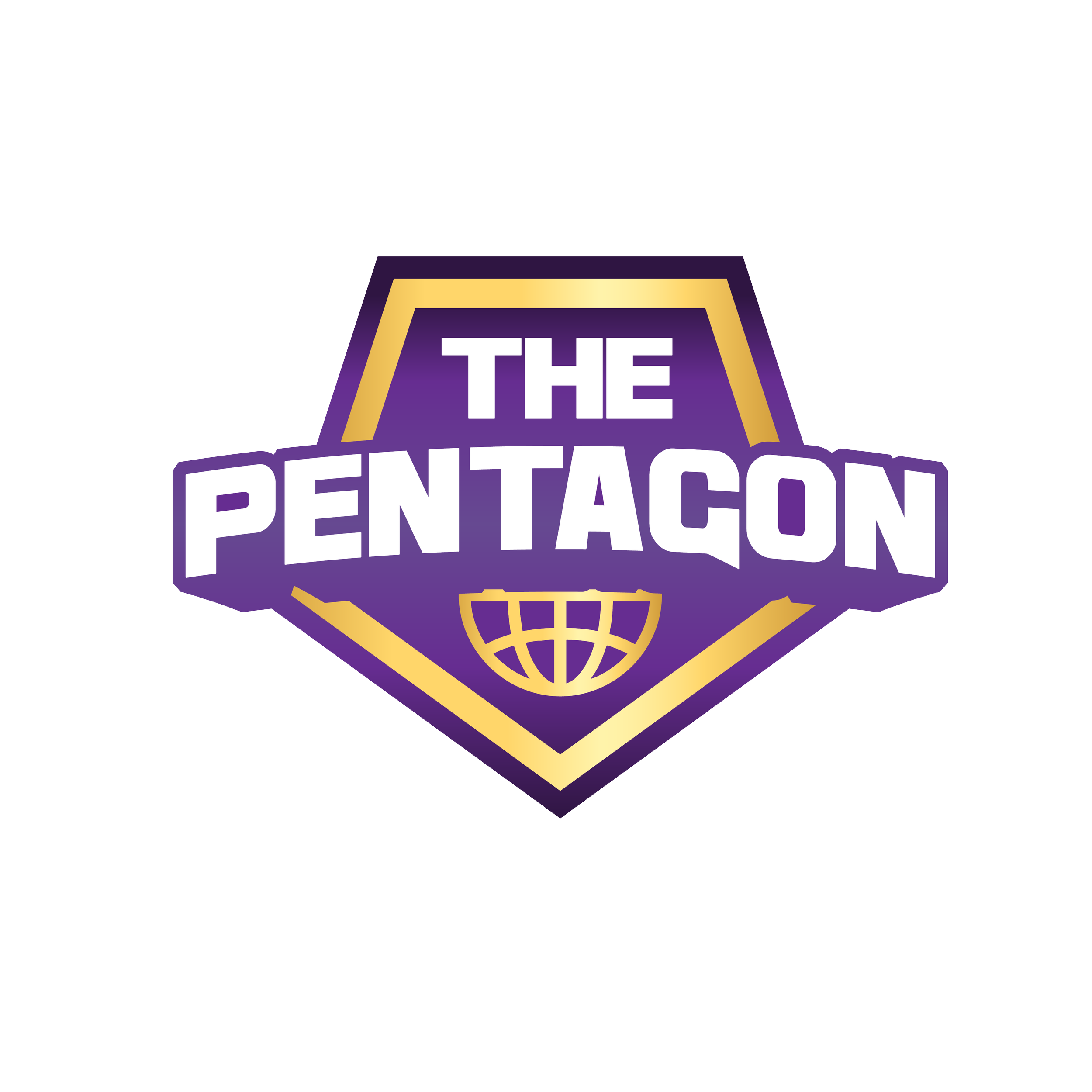 Logo of The Pentagon with purple and gold colors, featuring a globe symbol beneath the text.