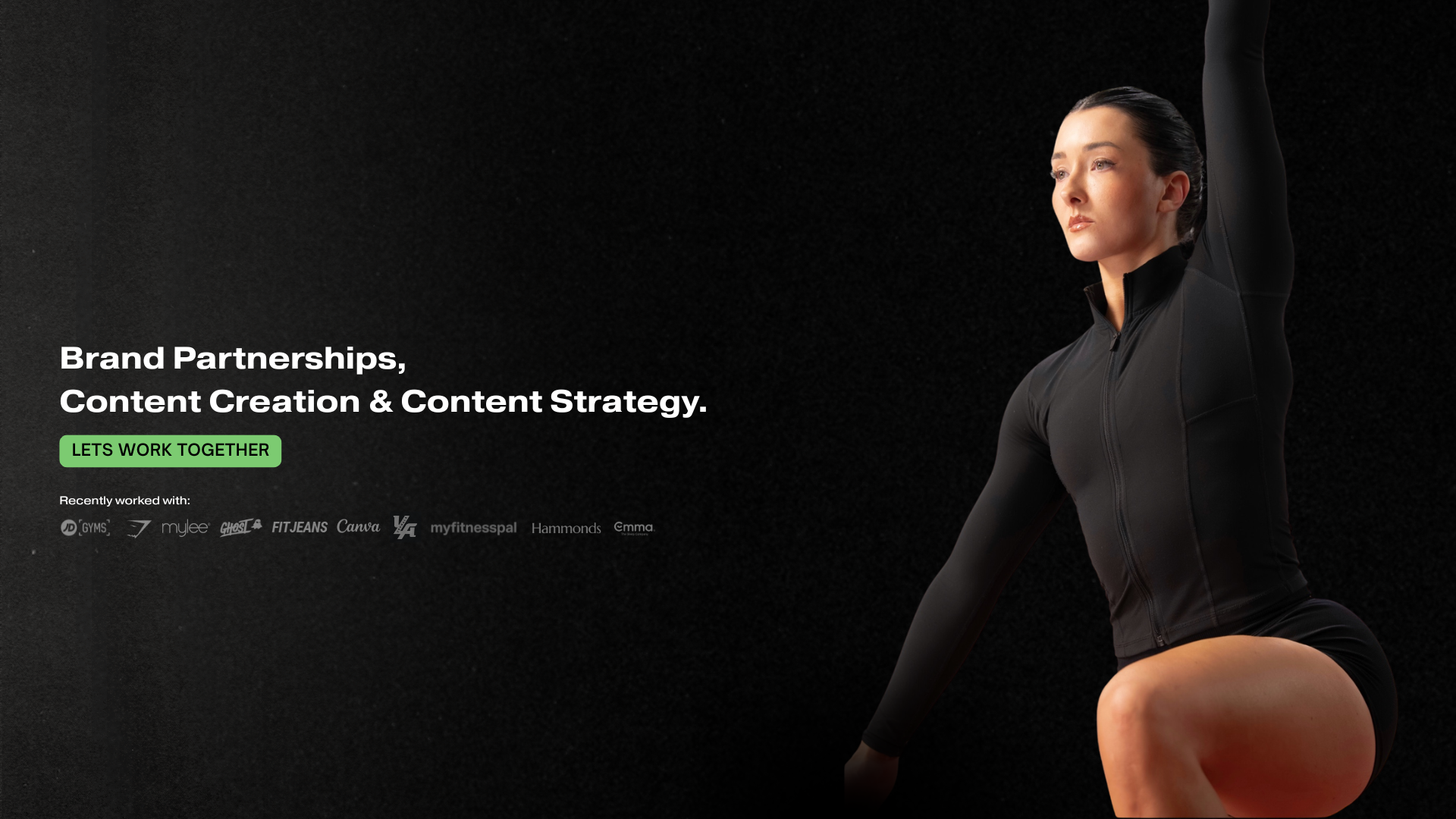 A woman in black activewear performing a side stretch yoga pose against a dark background, with white and green text promoting brand partnerships and content strategy.