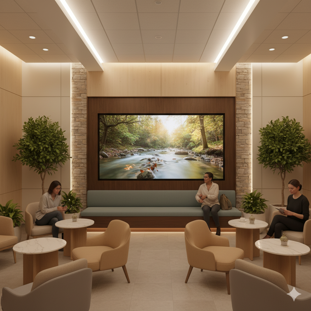 A modern lounge area with cream-colored armchairs and small round tables, three people seated and using their phones or reading, a large flat-screen TV displaying a serene scene of a stream in a forest, and green potted plants for decoration.