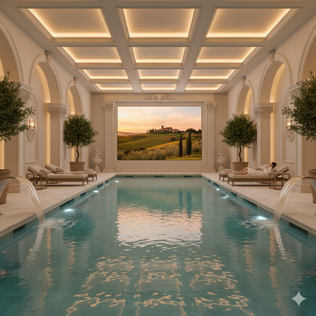 Indoor luxury pool room with ornate white architecture, large potted trees, chaise lounges, and a large landscape LED Wall displaying Tuscany on the far wall.