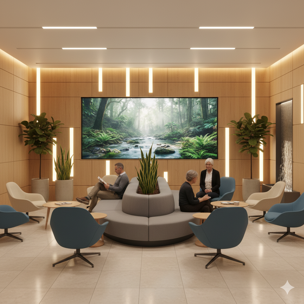 Modern waiting room with LED wall surrounding beige wall panels, wooden accents, potted plants, and minimalist furniture. 