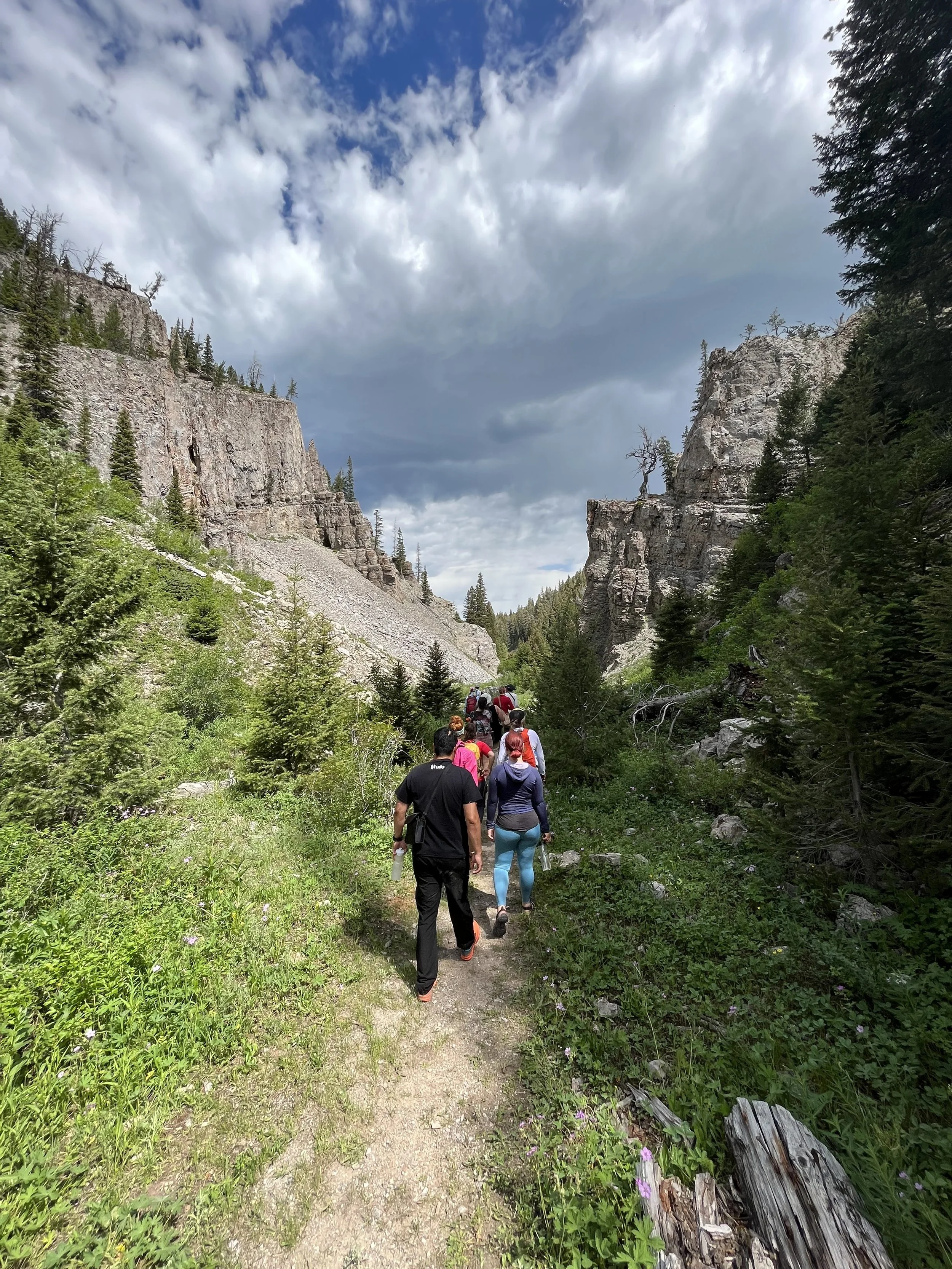 A group of individuals walk together between two large stone outcroppings. They are facing away from the camera in a single file line.