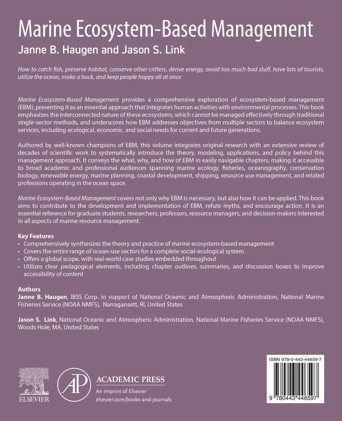 Back cover of a book titled "Marine Ecosystem-Based Management" by Janne B. Haugen and Jason S. Link, published by Academic Press, Elsevier. Features a description of the book's content and key features.