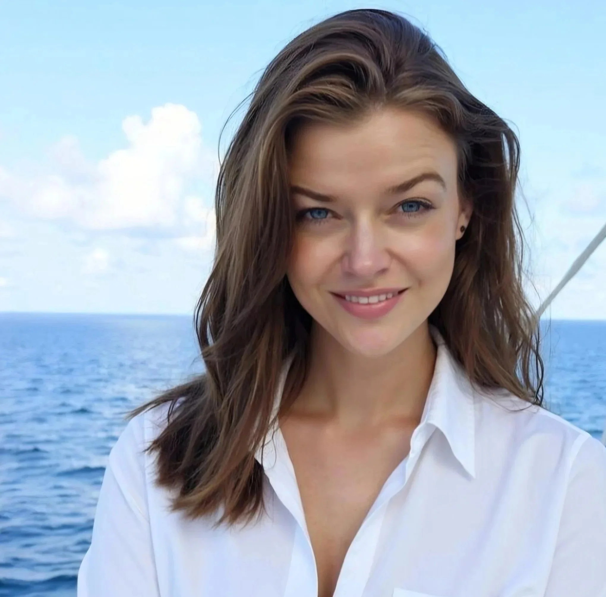 Close-up of Dr. Janne Haugen, a woman with blue eyes, brown hair, wearing a white shirt, outdoors against the background of the ocean and sky.