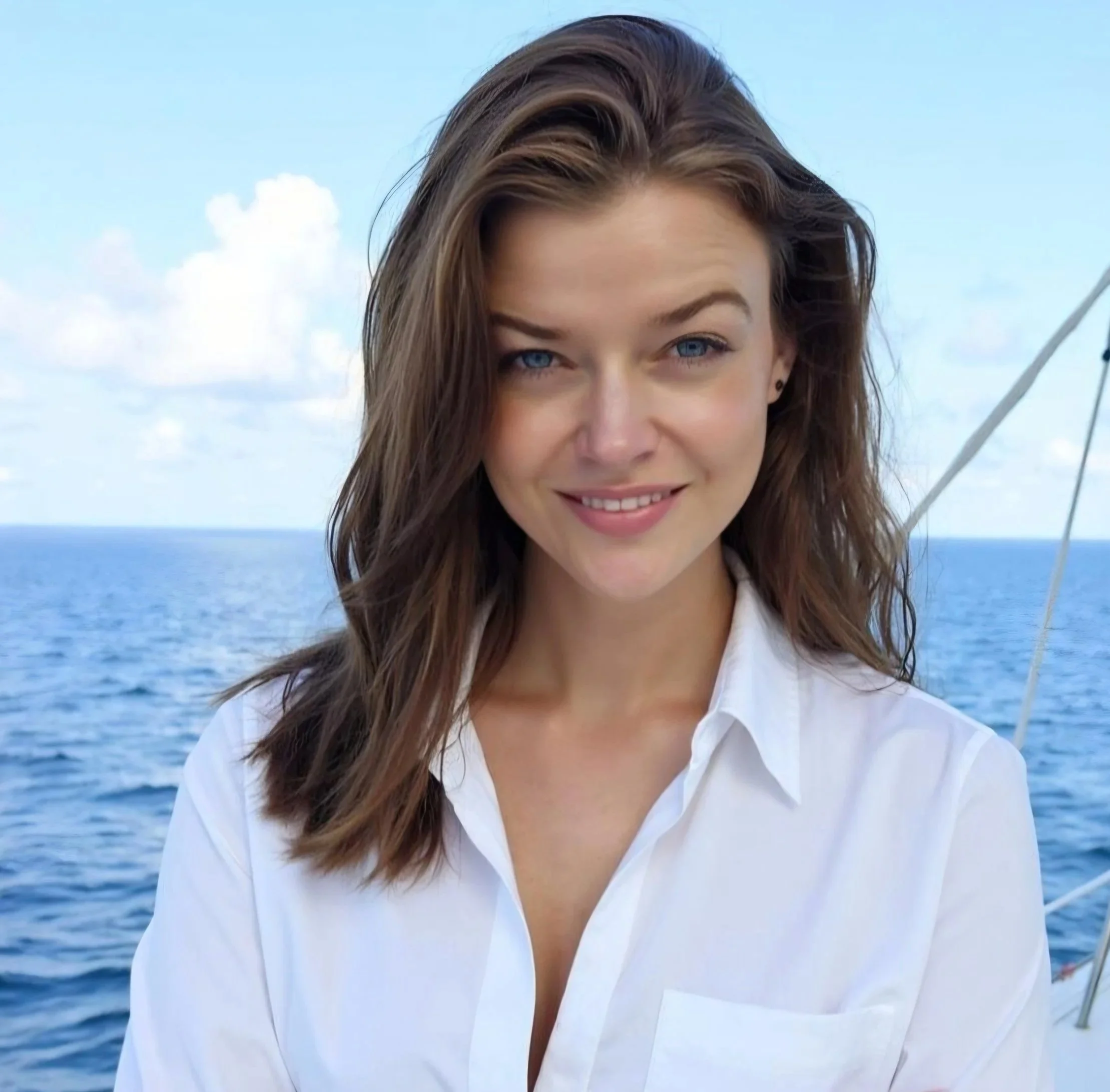 Janne Haugen with shoulder-length brown hair and blue eyes smiling outdoors with the ocean in the background.