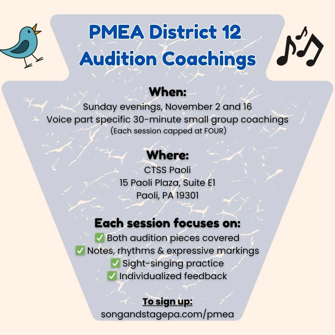 🎶 PMEA District 12 Choir Audition Prep with CTSS! 🎶

Are you auditioning for PMEA D12 Choir? Get fully prepared with small-group coaching sessions designed to help you feel confident, polished, and ready to shine.

Each session focuses on:
✅ Both a