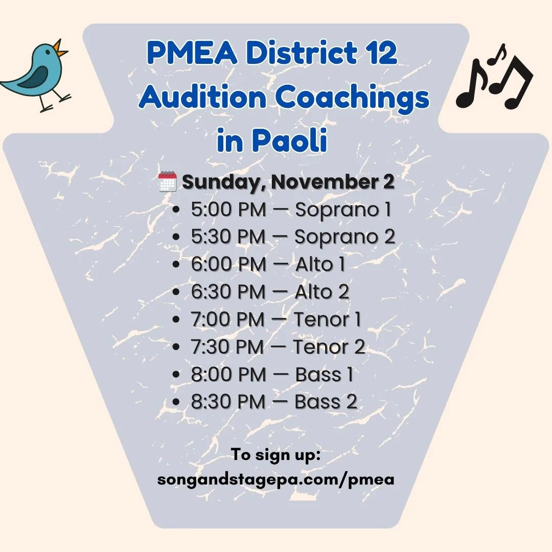 🎶 PMEA District 12 Choir Audition Prep with CTSS! 🎶
FIRST SESSIONS THIS SUNDAY EVENING!

Are you auditioning for PMEA D12 Choir? Get fully prepared with small-group coaching sessions designed to help you feel confident, polished, and ready to show-