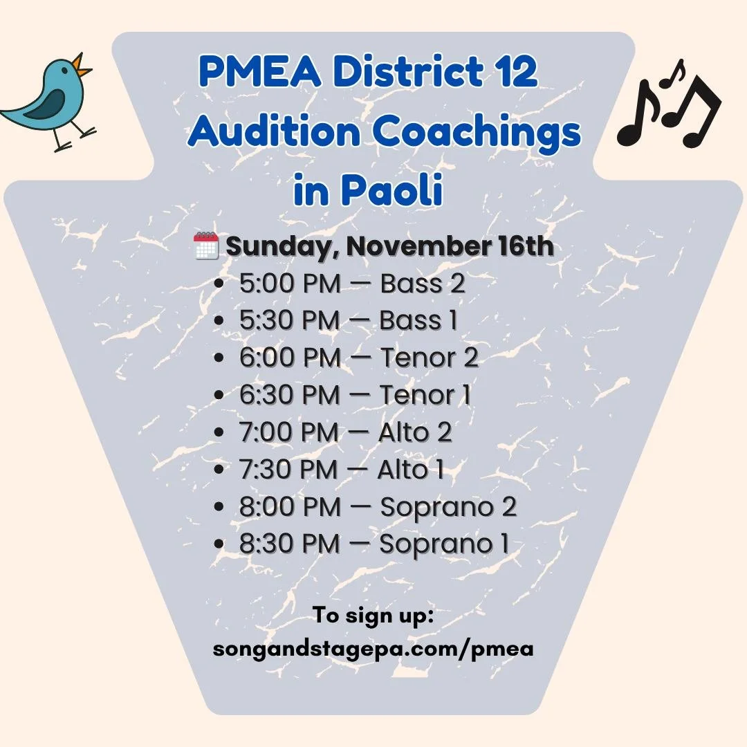 🎶 PMEA District 12 Choir Audition Prep 🎶

Are you auditioning for PMEA D12 Choir? Get fully prepared with small-group coaching sessions designed to help you feel confident, polished, and ready to show-out.

Each session focuses on:
✅ Both audition 