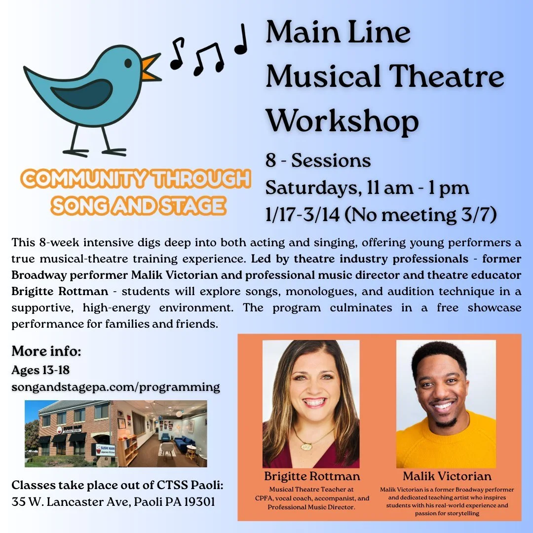 🎭✨ Winter Musical Theatre Programs at CTSS! ✨🎶
Registration is officially OPEN for our Saturday workshops starting January 17 in Paoli!

🌟 Main Line Musical Theatre Workshop
Ages 13&ndash;18 &bull; Saturdays 11&ndash;1 &bull; 8 weeks
Train with fo