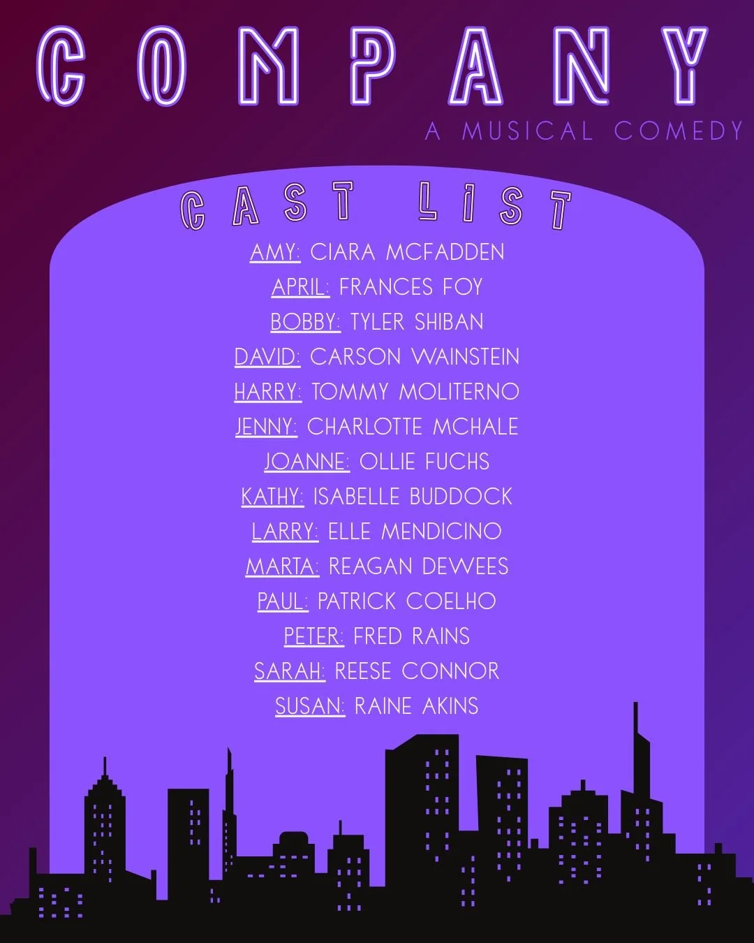CONGRATULATIONS To Our Amazing Cast Of Company! 🏙️💜🎶
Rehearsals are well under way for, what is sure to be, an unforgettable performance. Tickets will be on sale soon, but in the meantime, join us in congratulating our talented students!

SHOW DAT