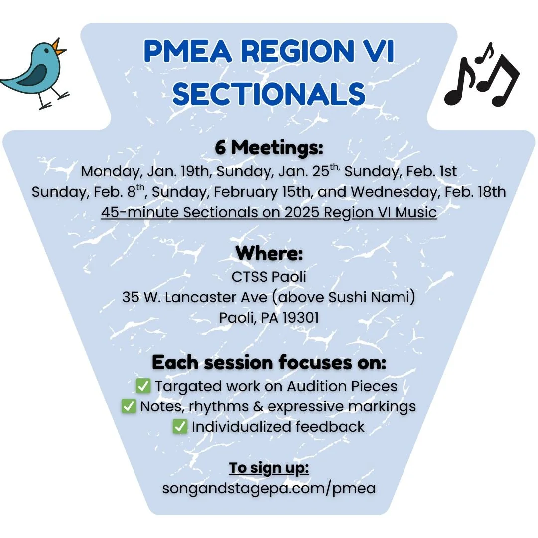 🎶 PMEA REGION VI CHOIR SECTIONALS 🎶
Auditioning for PMEA All-State Choir? Community Through Song &amp; Stage can help!

These sectionals are designed to help singers feel confident and prepared going into re-auditions.

🎵 Targeted work on audition