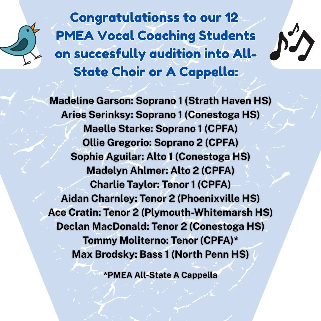 We're thrilled to share that 12 CTSS PMEA coaching students earned placement in the PMEA All-State Choir following today&rsquo;s successful audition!

SHOUT OUT TO:
🎶 Madeline Garson &ndash; Soprano 1 (Strath Haven HS)
🎶 Aries Serinsky &ndash; Sopr