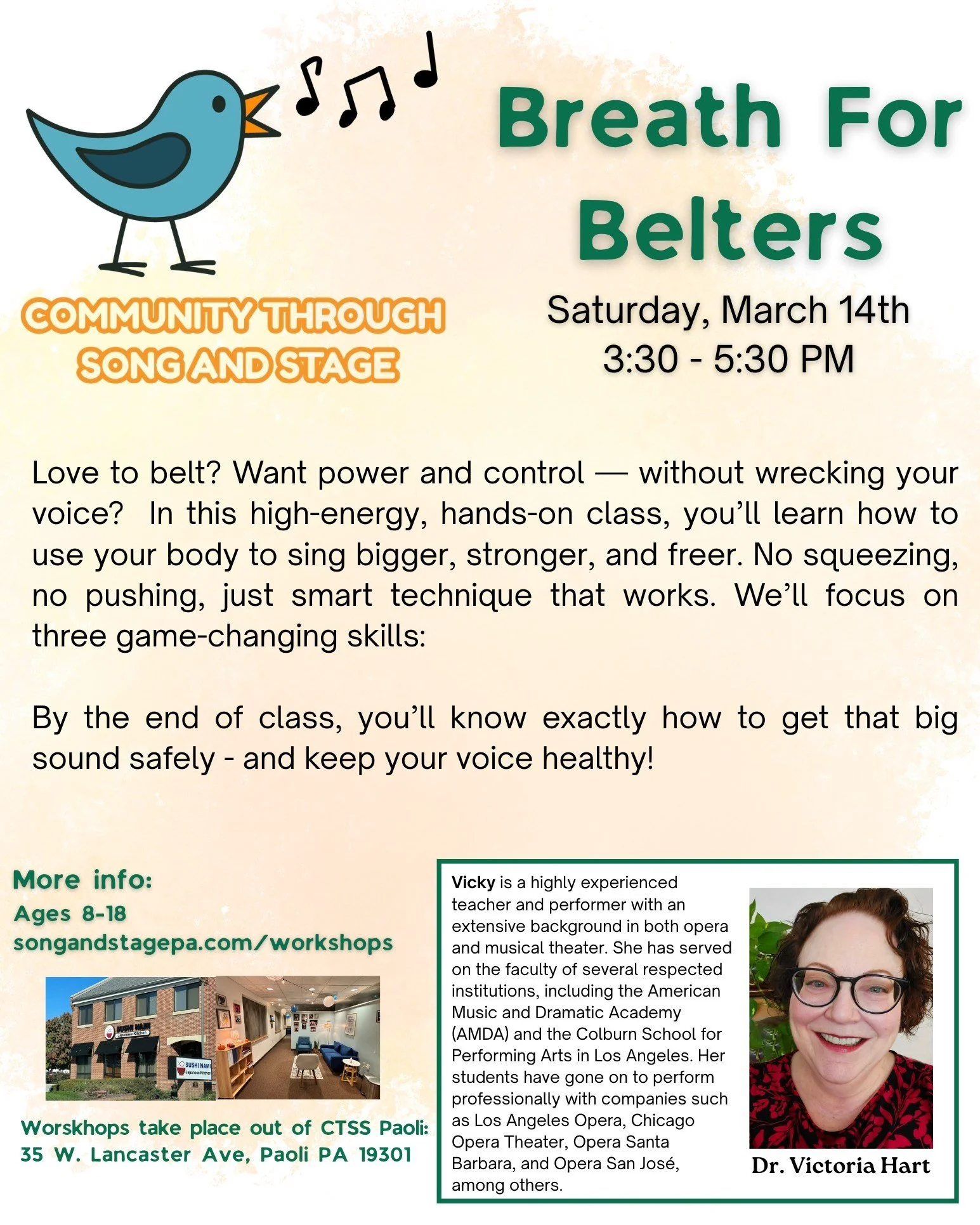 🔥 Breath for Belters 🔥
Ages 8&ndash;18 | Saturday, March 14 | 3:30&ndash;5:30 PM
📍 CTSS Paoli

Love to belt?
Want power and control &mdash; without wrecking your voice?

This high-energy, hands-on workshop will teach singers how to create a BIG, c