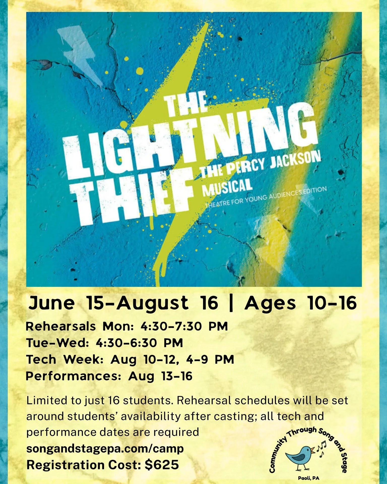 ⚡ A SECOND SESSION OF THE LIGHTNING THIEF HAS BEEN ADDED! ⚡

Due to demand, we've opened a new summer production of The Lightning Thief: The Percy Jackson Musical for performers ages 10&ndash;16.

If your child loves Percy Jackson, musical theatre, a