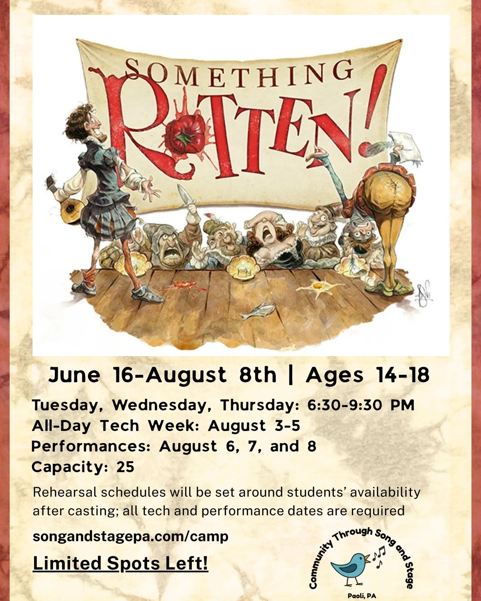 The Renaissance is getting ridiculous this summer at CTSS!

Join us for Something Rotten! 

This production is designed for performers ages 14&ndash;18 who are ready for a challenging, ensemble-driven process in a supportive environment with small ca