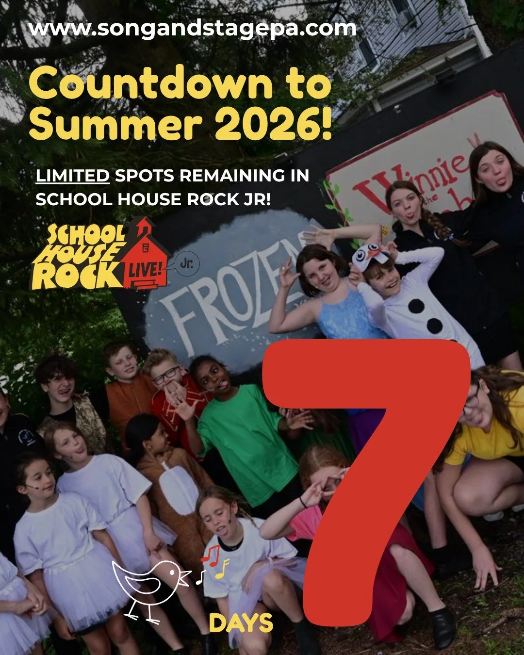 🎭 7 DAYS UNTIL SUMMER CAMP SEASON BEGINS!

We're kicking off our countdown with School House Rock Live! Jr. &mdash; and we still have a few spots available!

Students ages 6&ndash;13 will spend two weeks learning, rehearsing, and performing this hig