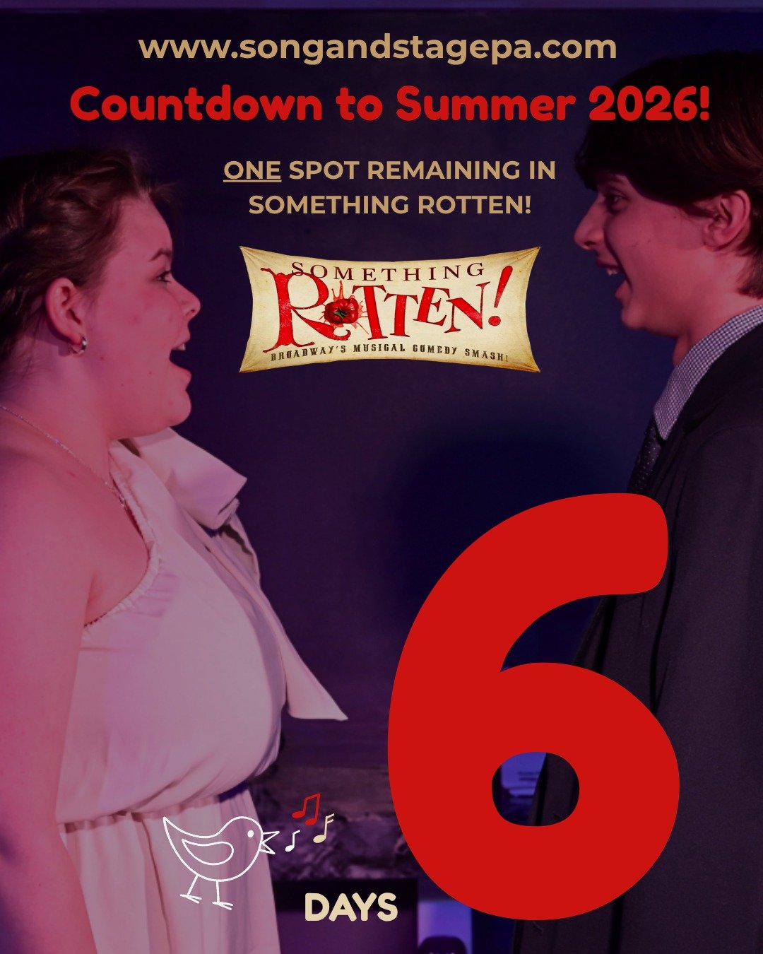 🚨 ONLY ONE SPOT REMAINS! 🚨

Something Rotten is almost completely full!

📅 Rehearsals Begin June 16
🎭 Performances August 6&ndash;8
👥 Ages 14&ndash;18

If you've been considering joining this production, now is the time.

🔗 Learn More &amp; Reg