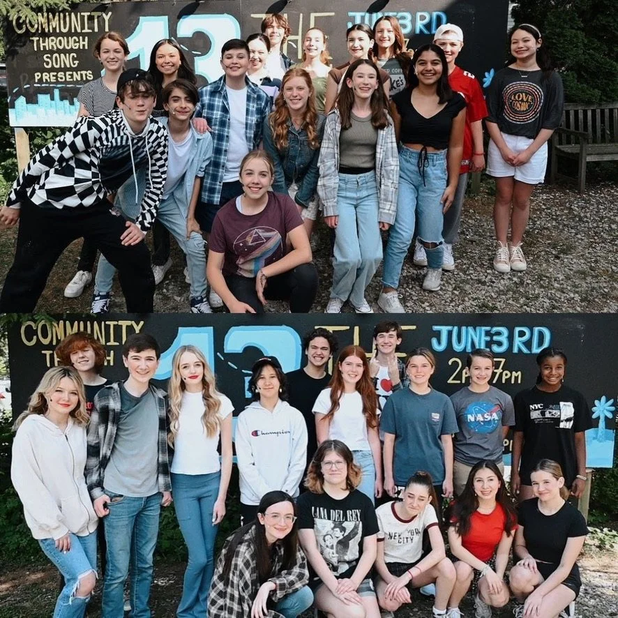 Two groups of young teenagers posing outdoors in front of a large sign that reads 'Community Through Song Presents June 3rd 2-7 pm.' The teens are smiling and wearing casual clothing.