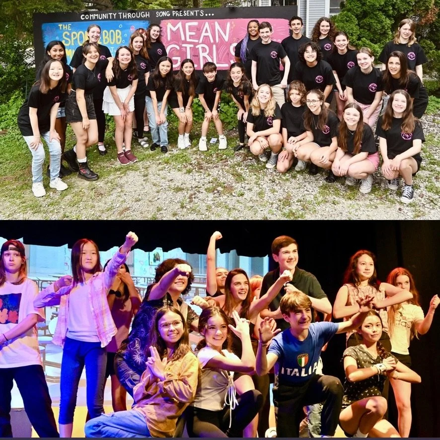 Two groups of young people, one outdoors and one on stage, are posing and smiling for photos.