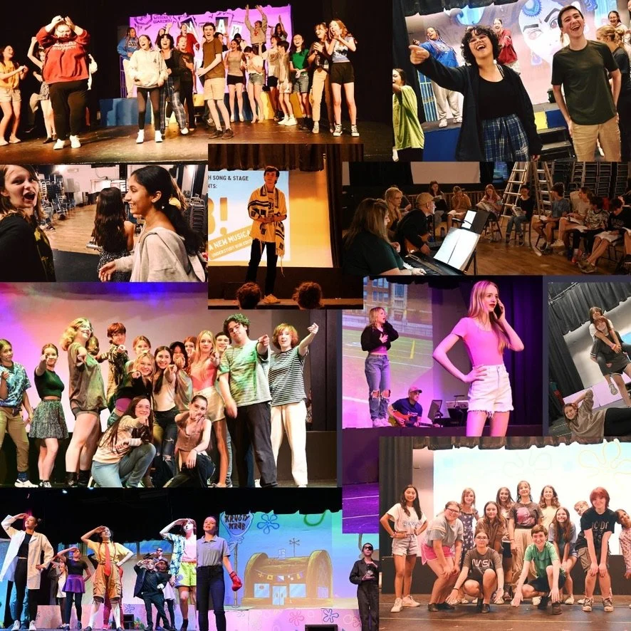 Multiple photos of young performers rehearsing and performing on stage for a musical or theater production, including dance, acting, and singing scenes, with rehearsal spaces and stage settings visible.