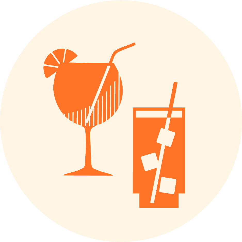 A stylized illustration of two drinks: one is a cocktail with an orange wedge and straw, and the other is a glass with ice cubes and a straw.