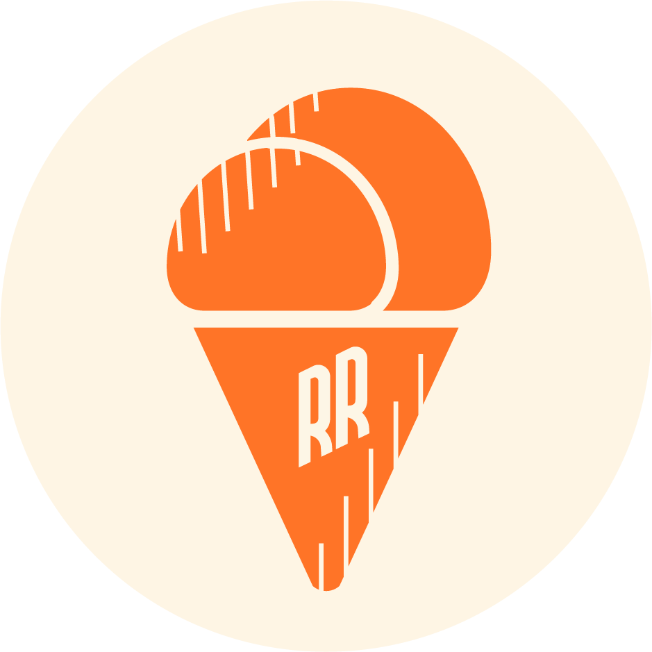 A logo of an ice cream cone with a scoop on top, and the cone has the letters "RR" written on it in stylized font, all in orange and cream colors.