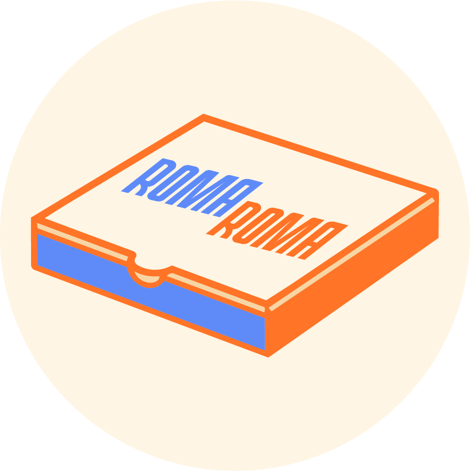 Illustration of a pizza box labeled 'ROMA ROMA' in blue and orange text set against a circular beige background.