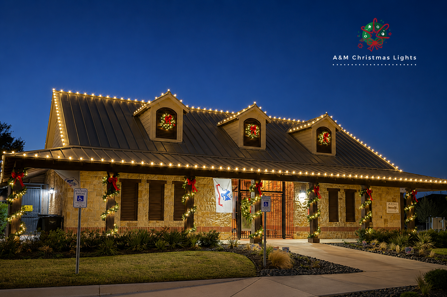 Fort Worth, TX, HOA building with contractor Christmas lights installed by installers near me.