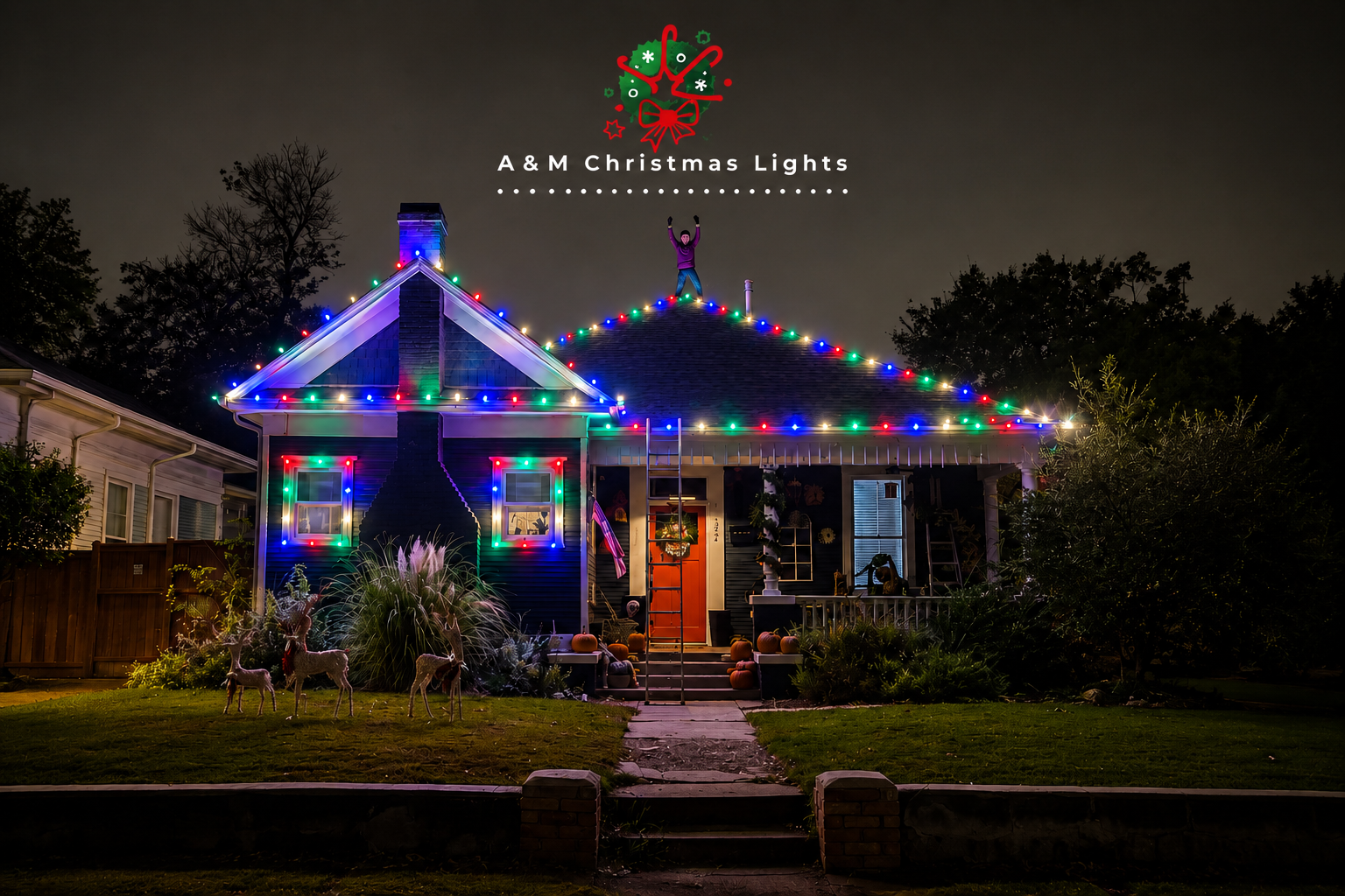 A house decorated with colorful Christmas lights, with a figure on the roof and a Christmas wreath on the door, surrounded by pumpkins and reindeer decorations in the yard at night.