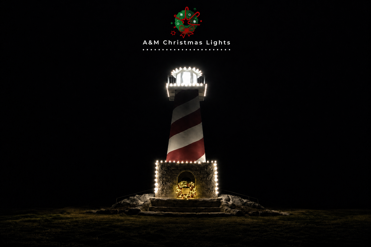 Lighthouse decorated with Christmas lights, with a wreath at its base, against a dark night sky, and a logo with Christmas ornaments and text reading 'A&M Christmas Lights' at the top.