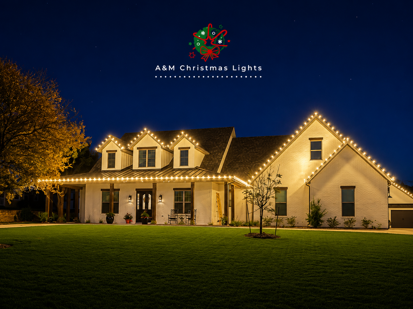 A house decorated with Christmas lights at night, with the A&M Christmas Lights logo displayed above.