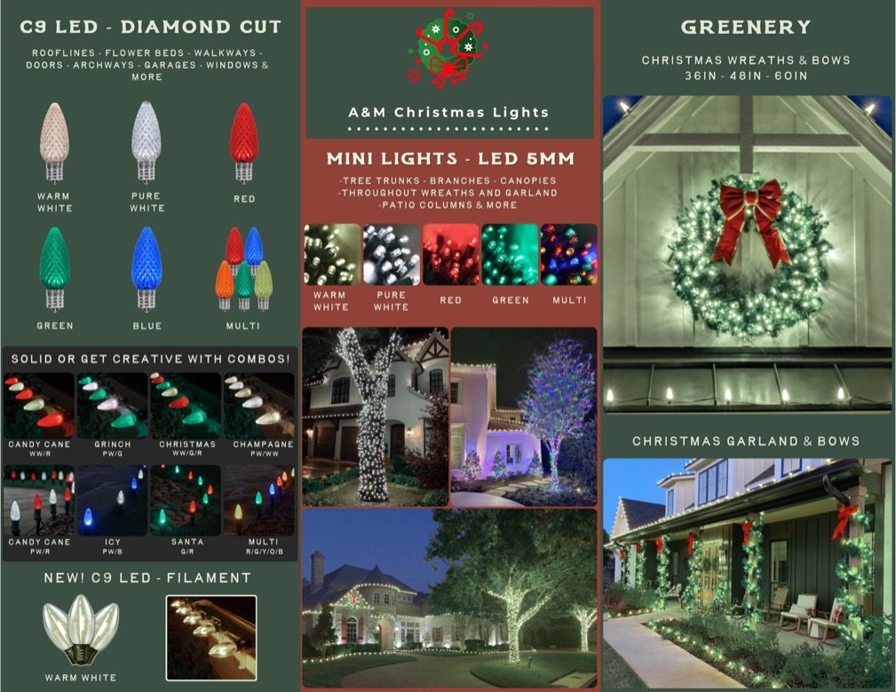 Christmas lighting options include LED diamond cut bulbs in various colors, mini LED 5mm lights for trees and gutters, and Christmas wreaths and bows. The display features decorated houses, trees, and outdoor areas with multicolored, warm white, pure white, red, green, and multi-color lights.