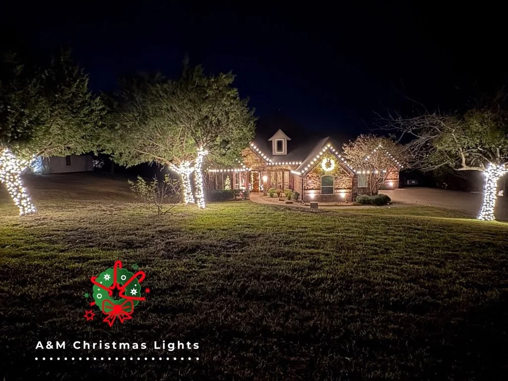 A house decorated with Christmas lights at night, with trees wrapped in lights in the front yard, and a Christmas wreath on the house. There is a logo with holiday icons and the text "A M Christmas Lights" in the bottom left corner.